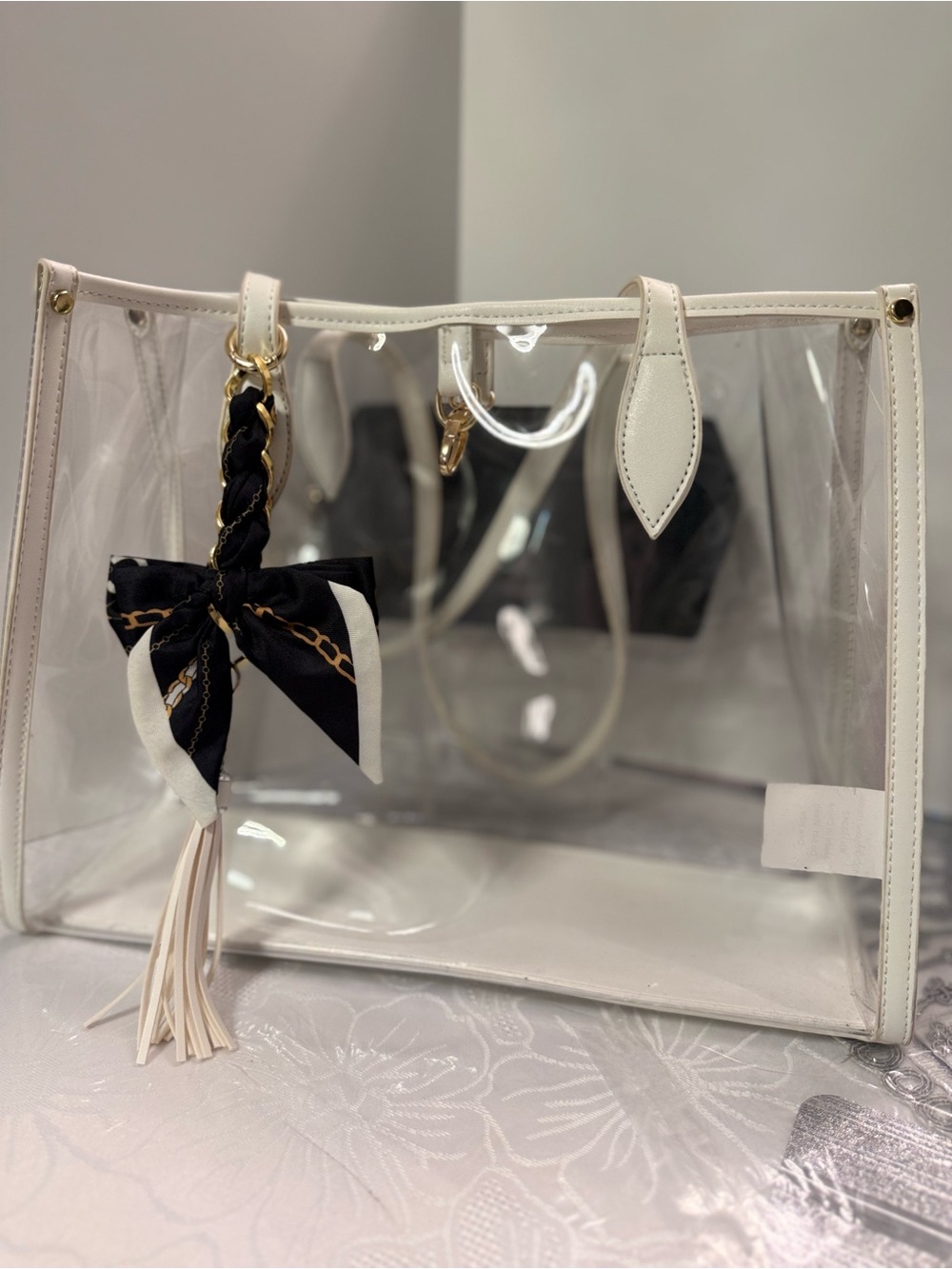Clear White Tote with Black Scarf Accent